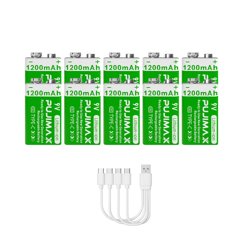 PUJIMAX 9V 1200mAh Hochleistungs-USB-C Lithium-Ionen-Akku Wiederaufladbare Batterie mit Typ-C-Kabel für Spielzeug Fernbedienung Kamera