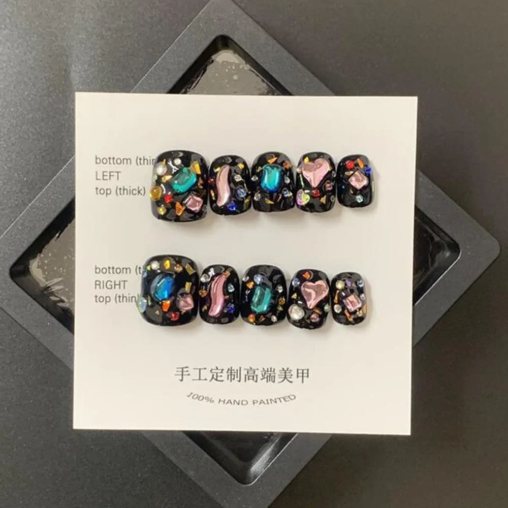 

Handmade Short Korean Press on Nails Star Nails Heart Charms Design Reusable Adhesive False Nails Full Cover Nail Tips for Girls