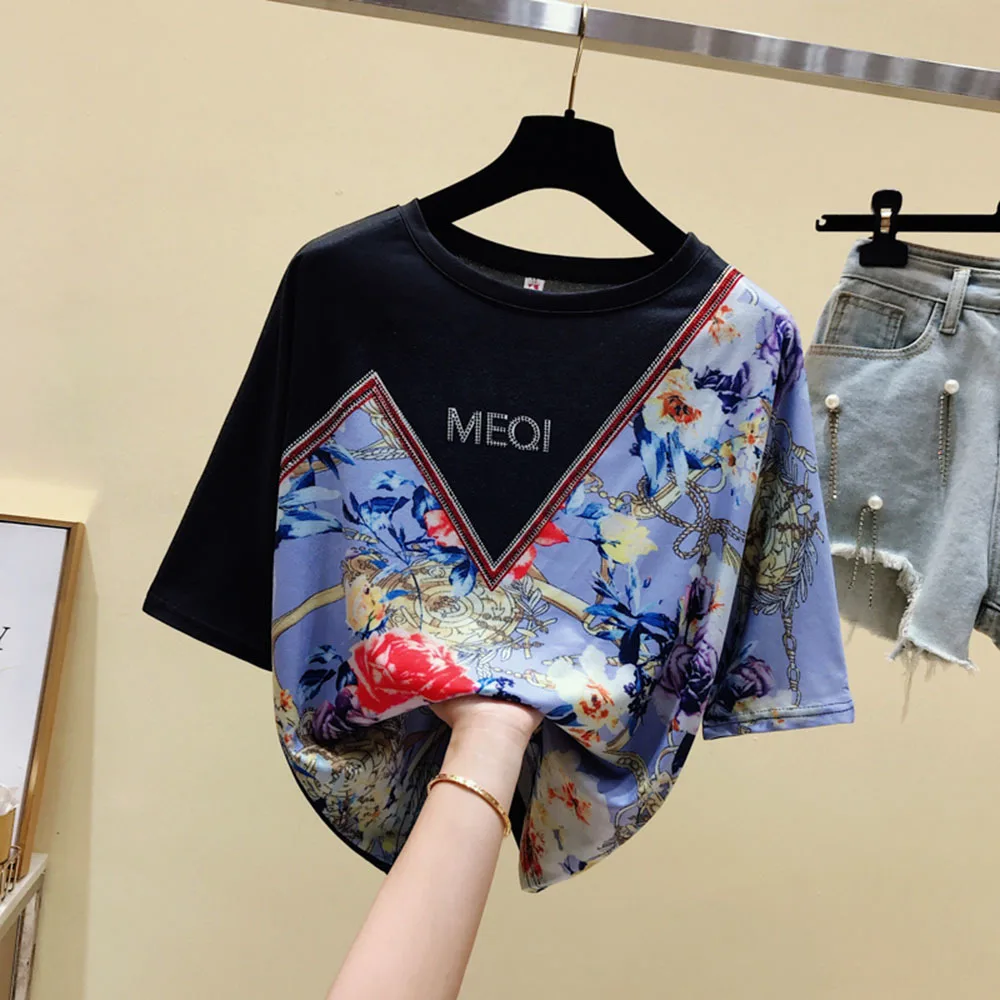 Women Cotton Casual T-shirts New 2022  Summer Vintage Style O-neck Floral Print Loose Female Short Sleeve Tops Tees S-4XL 100KG