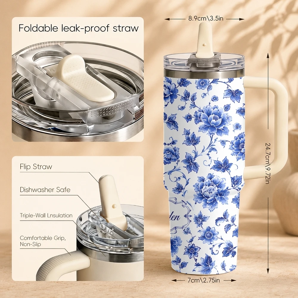 Elegant Blue Porcelain Garden Floral Repeat Vacuum Flasks 40oz Thermal Tumbler Stainless Steel Insulated Water Portable Mug Cup