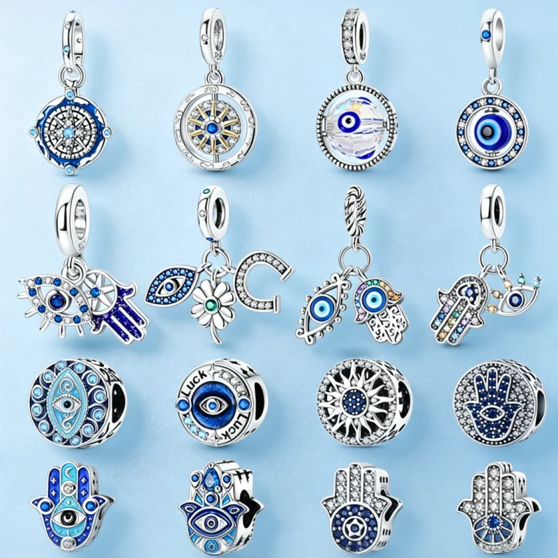 

New 925 Sterling Silver Sparkling Zircon Blue Devil's Eye Cross Charms Beads For Women Fit Original Bracelet DIY Jewelry Gifts