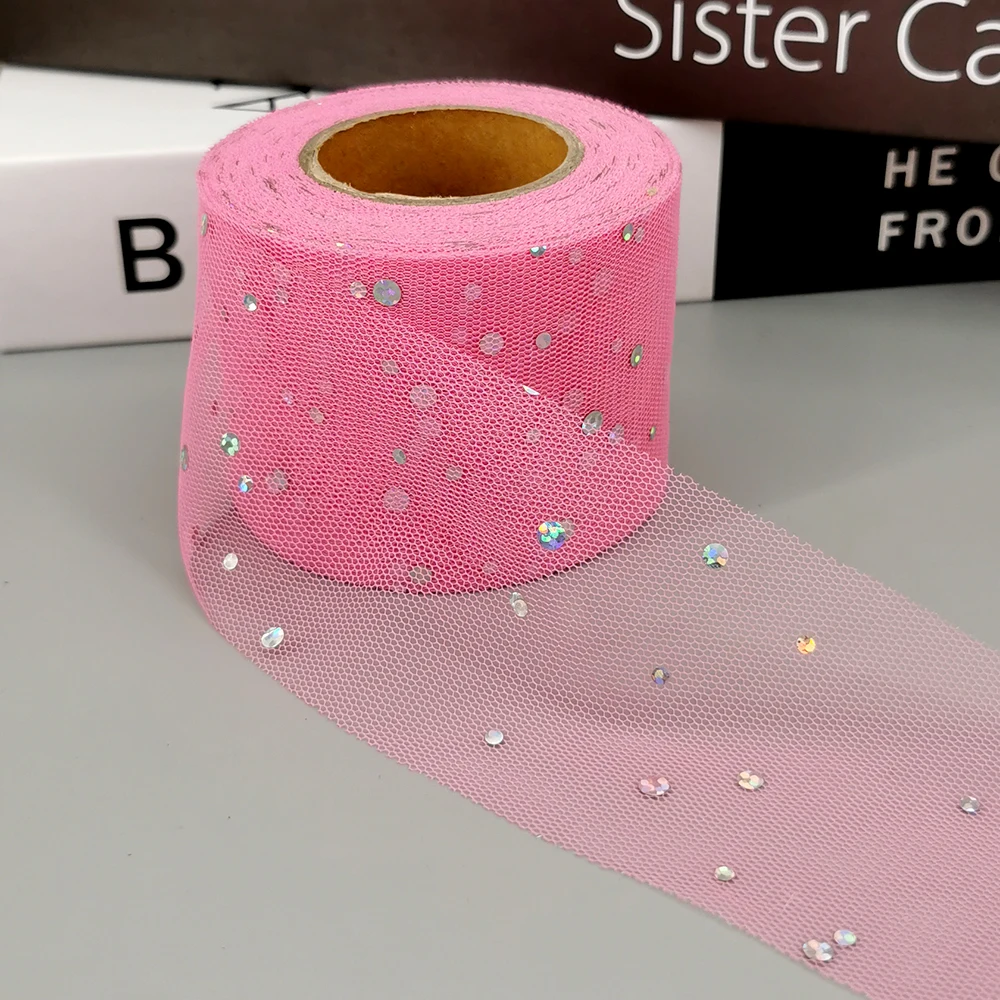 6cm 25 yarde Glitter paillettes Tulle rotolo punto maculato nastro a rete per fai da te Scrapbook fasce per capelli Tutu gonna Pom fornitura di materiale per cucire