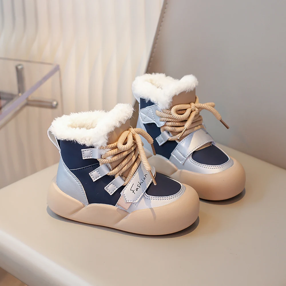 Botas de invierno de cuero PU para niños, botas de nieve de felpa para niños, zapatos de algodón impermeables, zapatos de cuero PU a la moda para niños