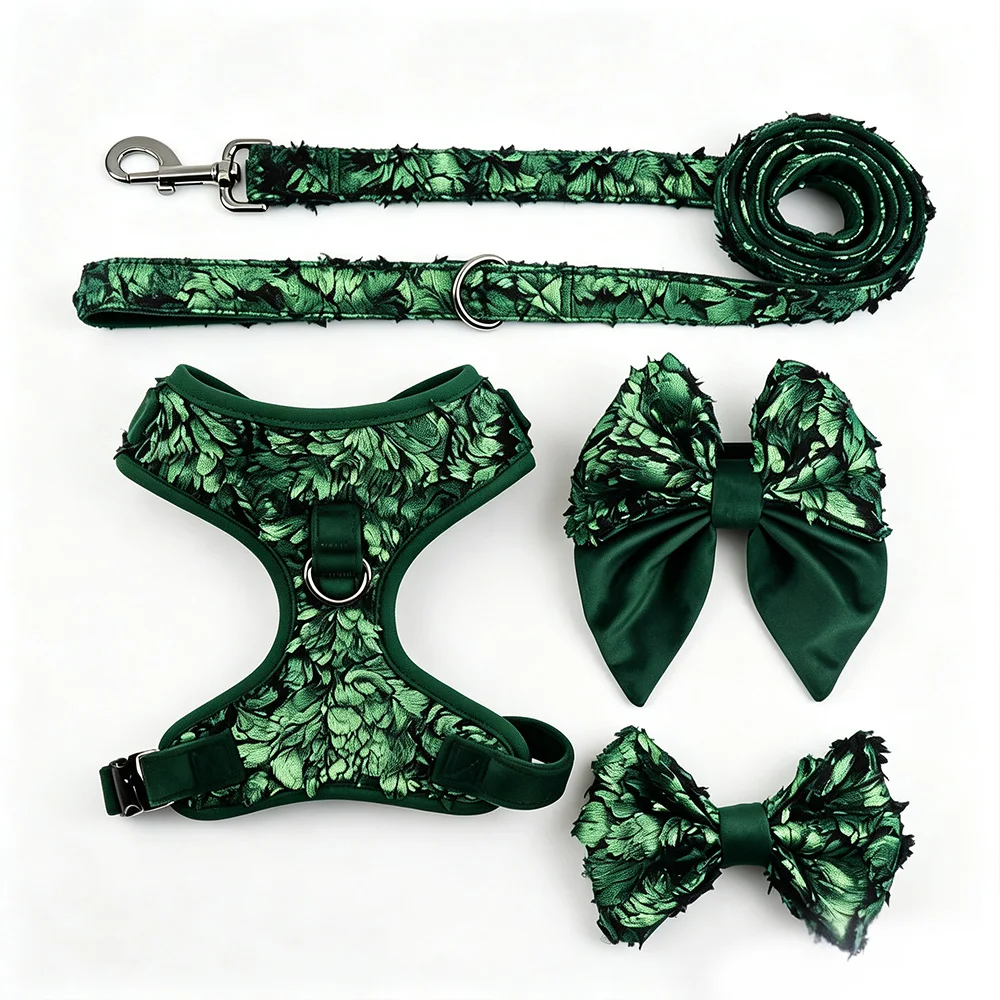 Tactical Camo Complete Dog Harness Kit with Leash and 2 Bowties Set Olive Green Cloud Embossed Plush Breathable for Small Large