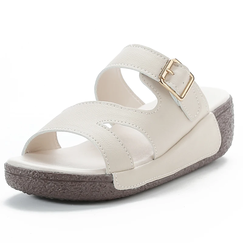 Wedge Slippers for Women Shoes Summer Belt Buckle Soft Leather Beach Shoes for Women Slip-on Open Toe Women's Sandals Slippers