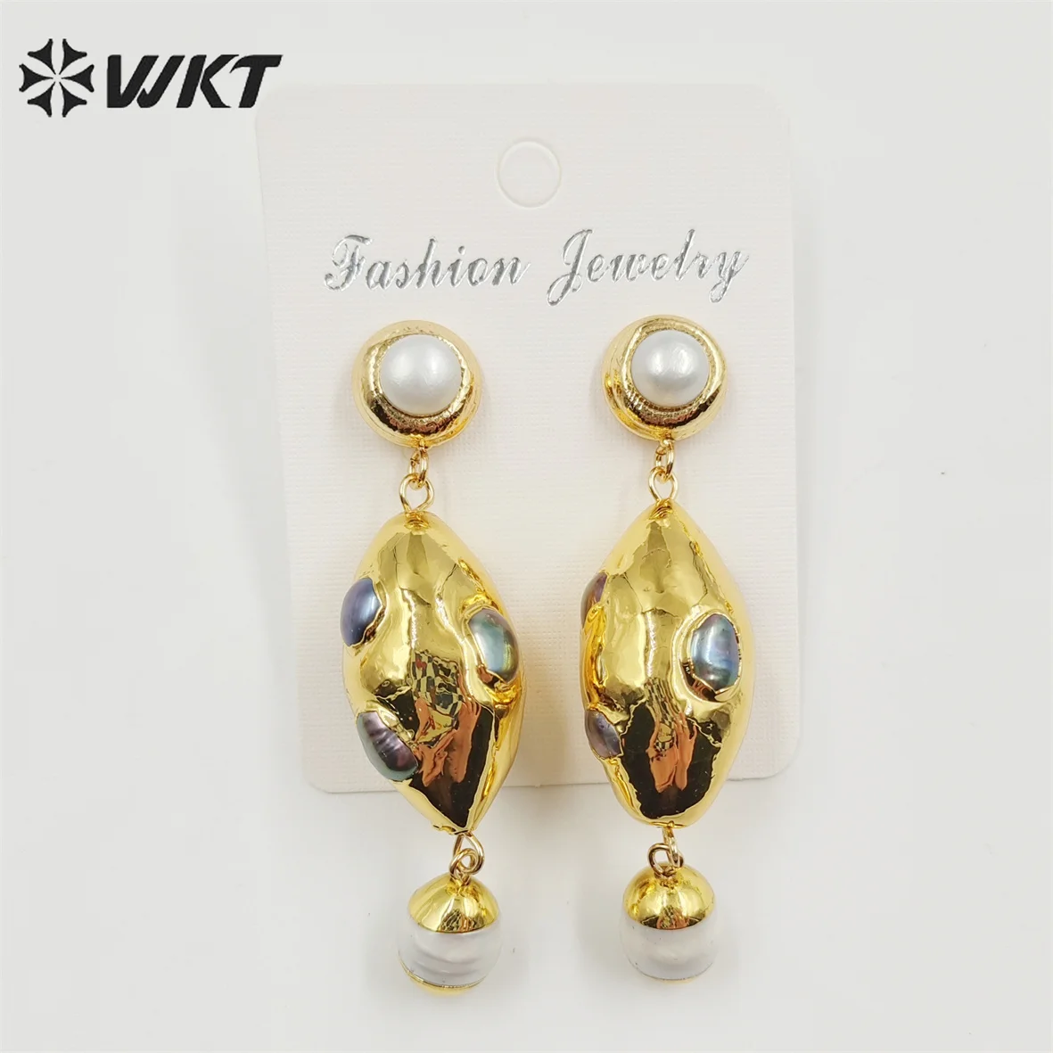 WT-MPE087 WKT New Design Oval Shape 18k Real Gold Plated Natural Pearl Earrings Lady Precious Long Dangle Handmade Wedding Studs