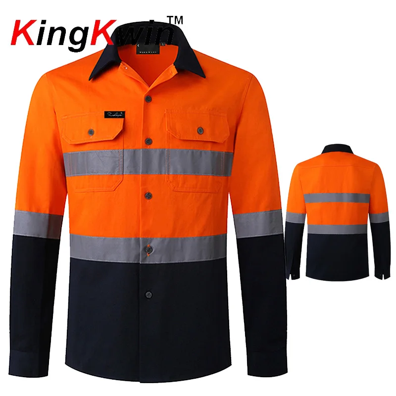 100% Cotton Reflective Safety Shirt For Constrcution Men Workwear High Visibility Work Shirts with Reflective Tapes