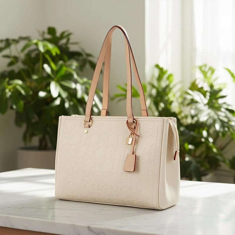 CH Women Anti Collision Embossed Tote Bag Contrast Handle Lock Charm Zipper Closure Business Vacation Shopping Commute