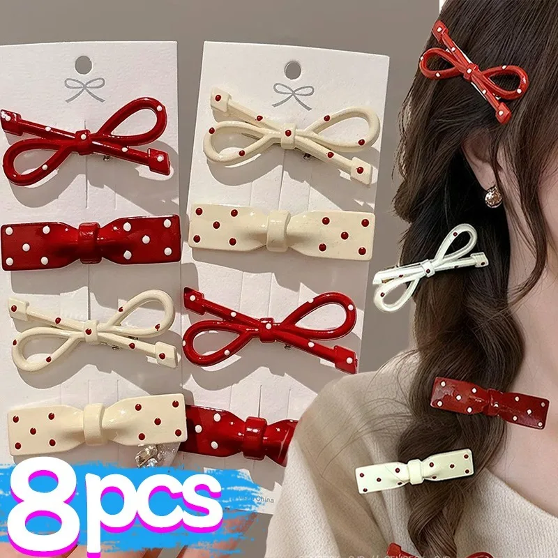 2/8Pcs Simple Ancla Red Dot Bowknot Hair Clips Women Sweet Dot Plastic Bangs Side Hairpins Girls Duck Bill Clips Lovely Headwear