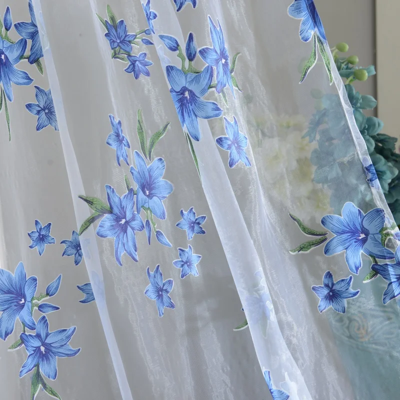 New Tulle Curtain Blue Flower Print Window Curtain Living Room Bedroom Decorations Floor-to-ceiling Curtain Thin Transparent Dra