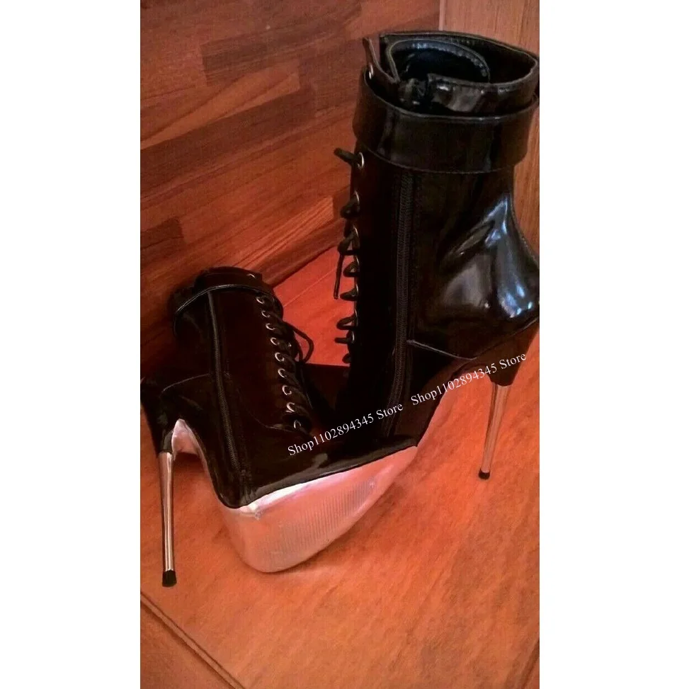 Czarne sznurowane botki do połowy łydki na cienkim wysokim obcasie z noskiem w szpic, modne, nowatorskie, seksowne damskie buty zimowe na imprezę, zapatillas mujer.