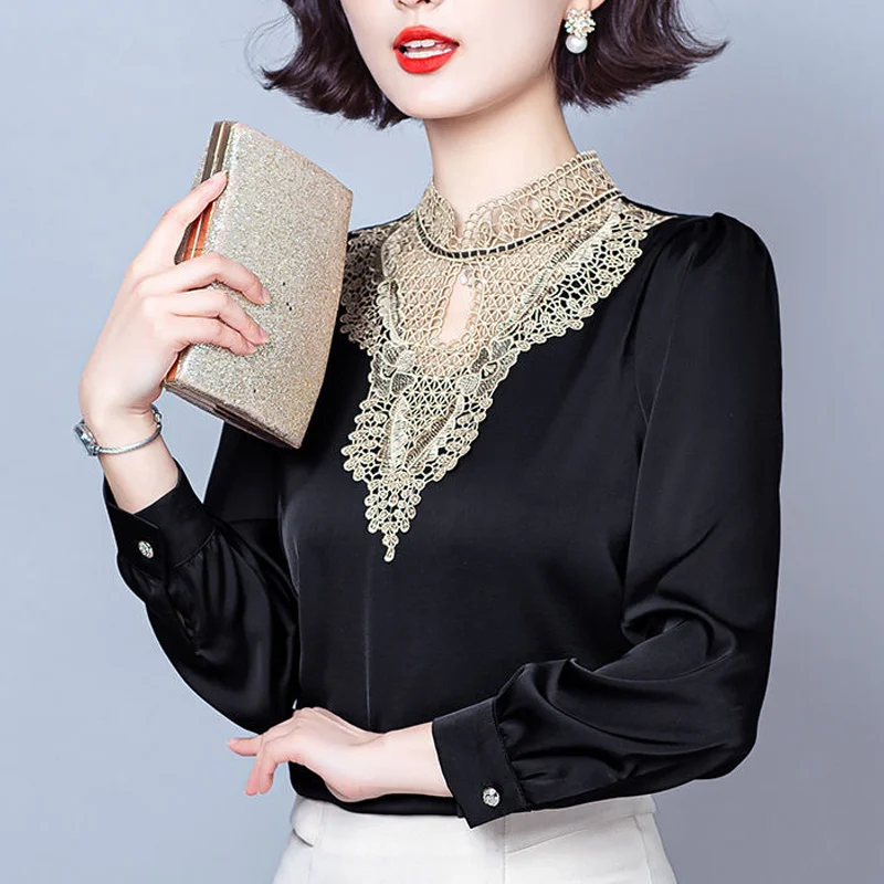 Retro Elegant Chic Lace Embroidery Stand Collar Shirt for Women Spring Autumn Fashion Long Sleeve Satin Silk Blouses Tops Blusas