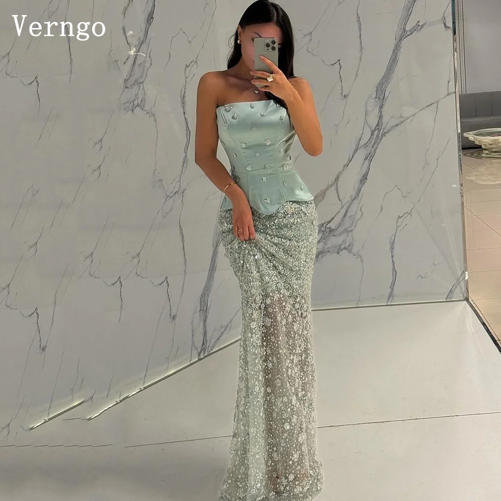 

Verngo Green Sequined Mermaid Prom Gown Elegant Appliques A Line Arabic Evening Dress Eid Formal Dresses Customized