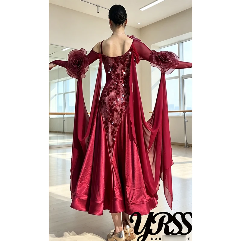Wine Red High End Ballroom Dance Dress Sequins Feather Flowers Satin Long Dress Waltz Dance Costume Competition Dress  BL20422