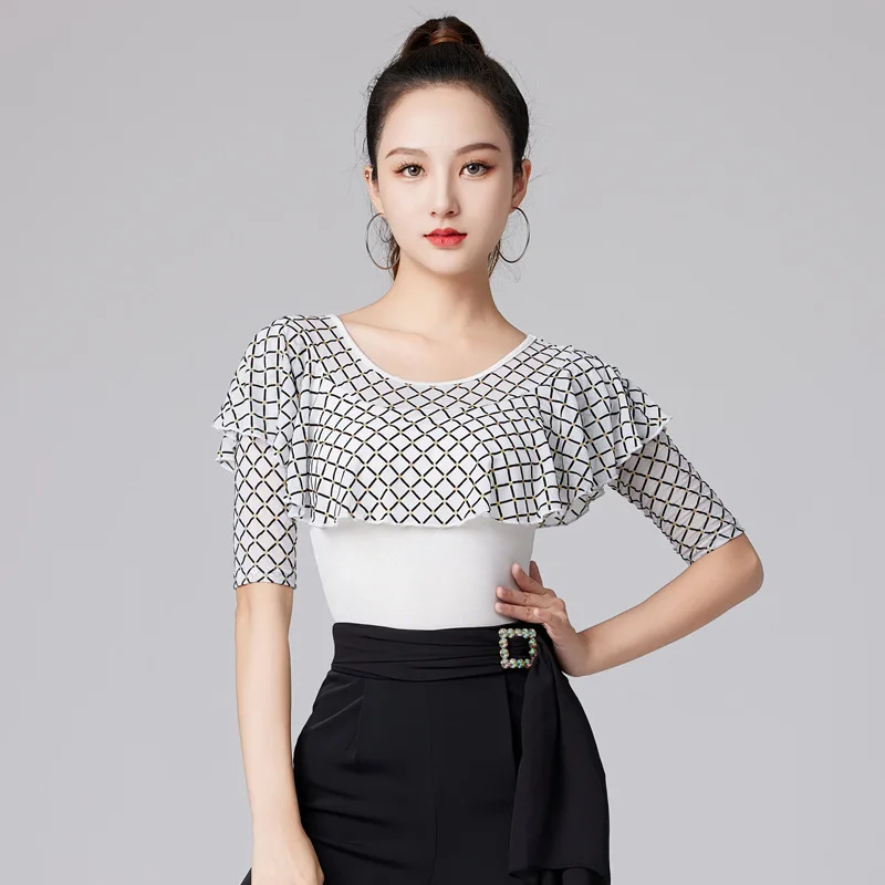 Latin Dance Top Fashion Printing Modern Clothes Elegant Lotus Leaf Edges Women High-Grade Adult Practice Performance Dance Top
