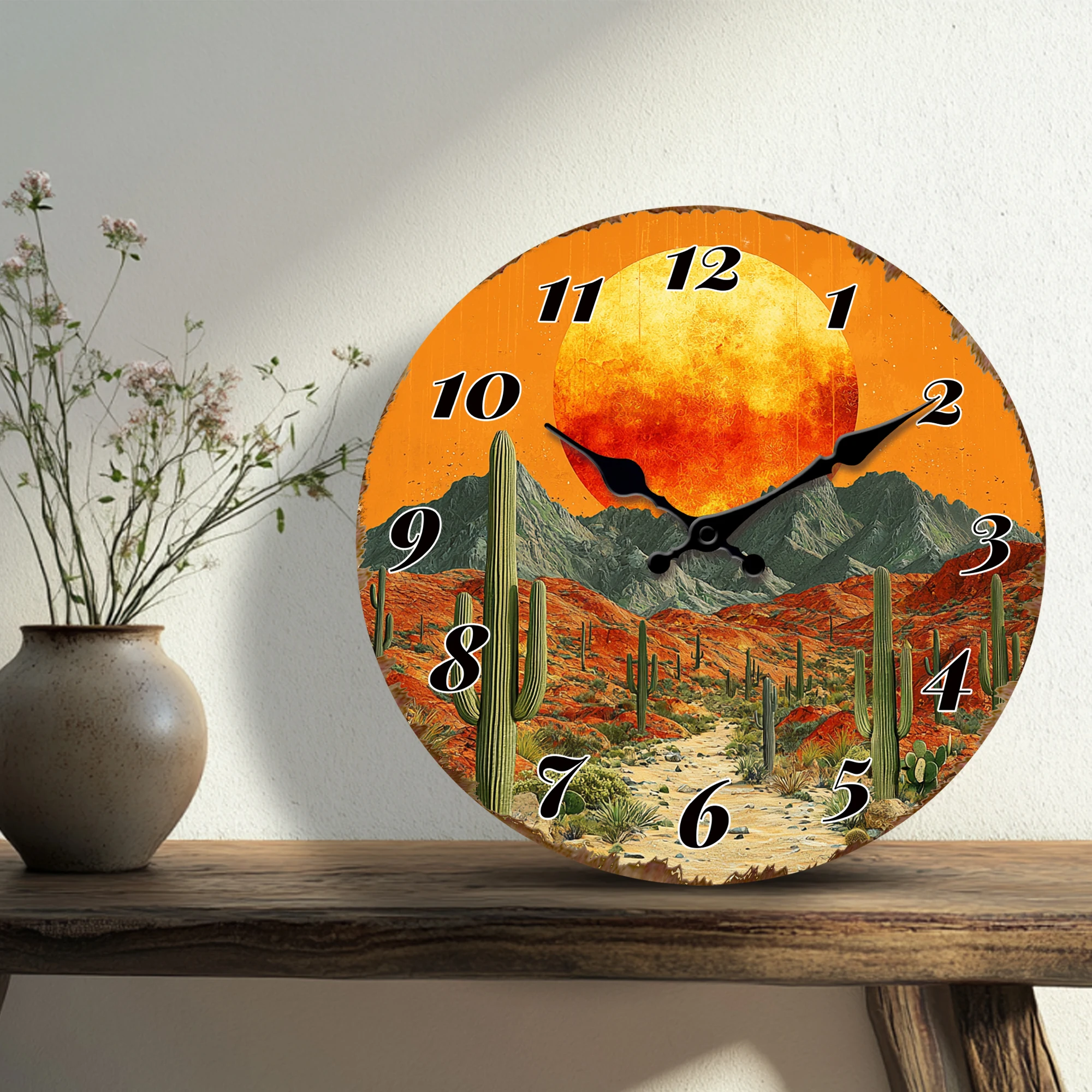 Desert Sunset Scene Round Wall Clock, Vibrant Cacti and Mountain Decorative Timepiece, Southwestern Style Clock for Home & Offic