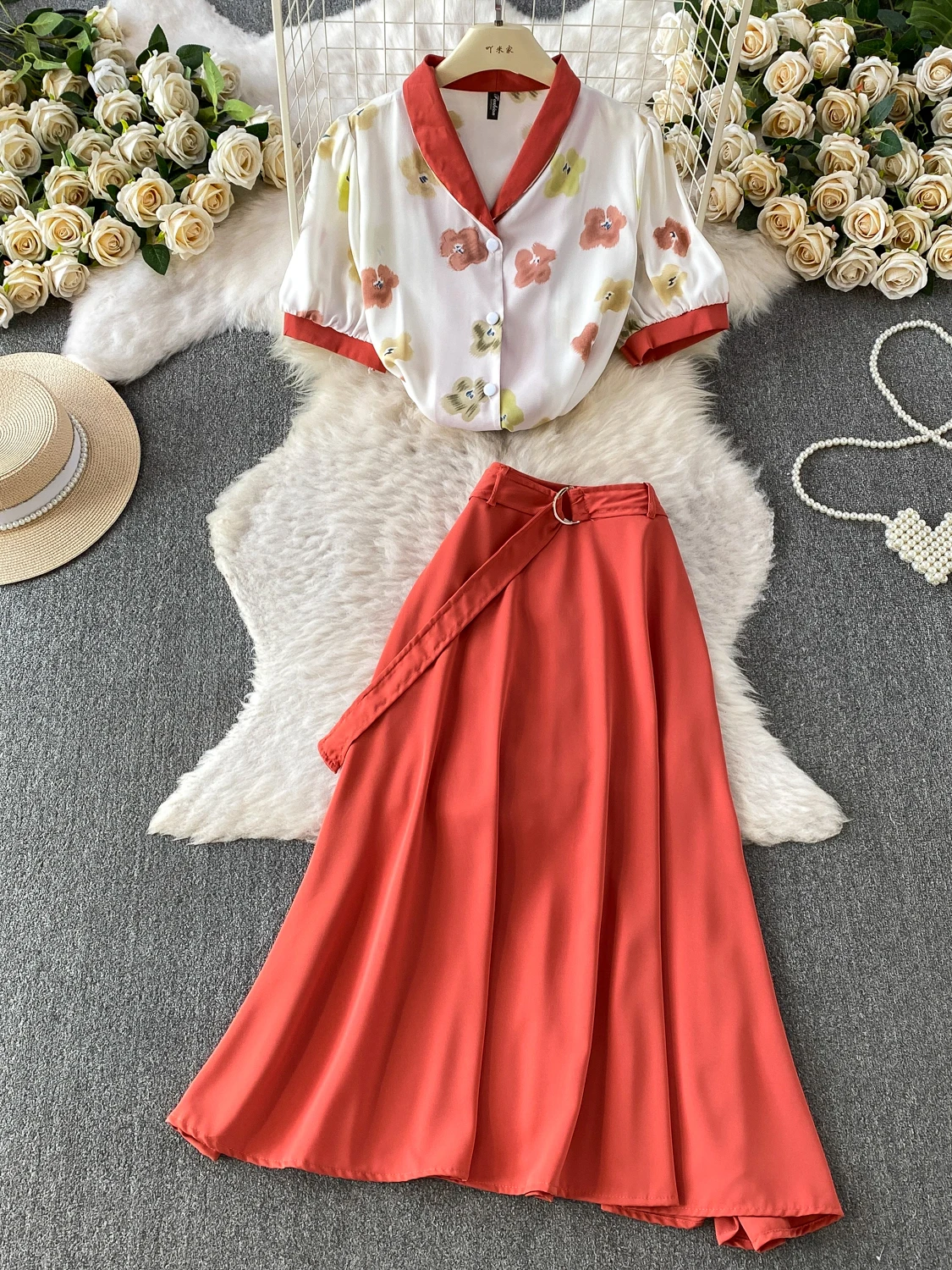 Midi Skirt Floral - ชุดสูทลายดอกไม้ฤดูร้อนพร้อมกระโปรงมิดิ ชุดสองชิ้น แฟชั่นผู้หญิง ทรงหลวม ใส่ทำงานได้ ระบายอากาศดี
