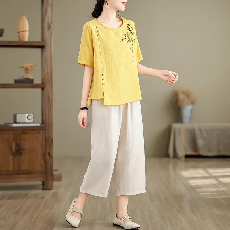 

Женский комплект из желтого топа с коротким рукавом и бежевых широких брюк, с вышивкой, повседневный льняной наряд