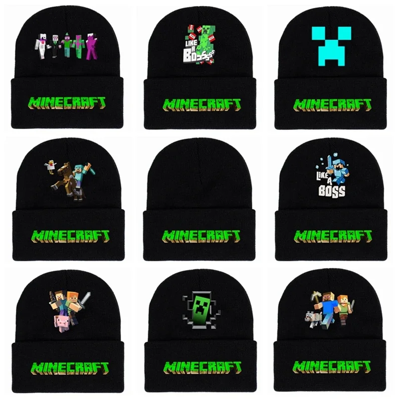 2025 My World Knitted Hat Printed Minecraft Creeper Steve TNT Cartoon Printing Warm Curled Woolen Hat Autumn Winter Accessories