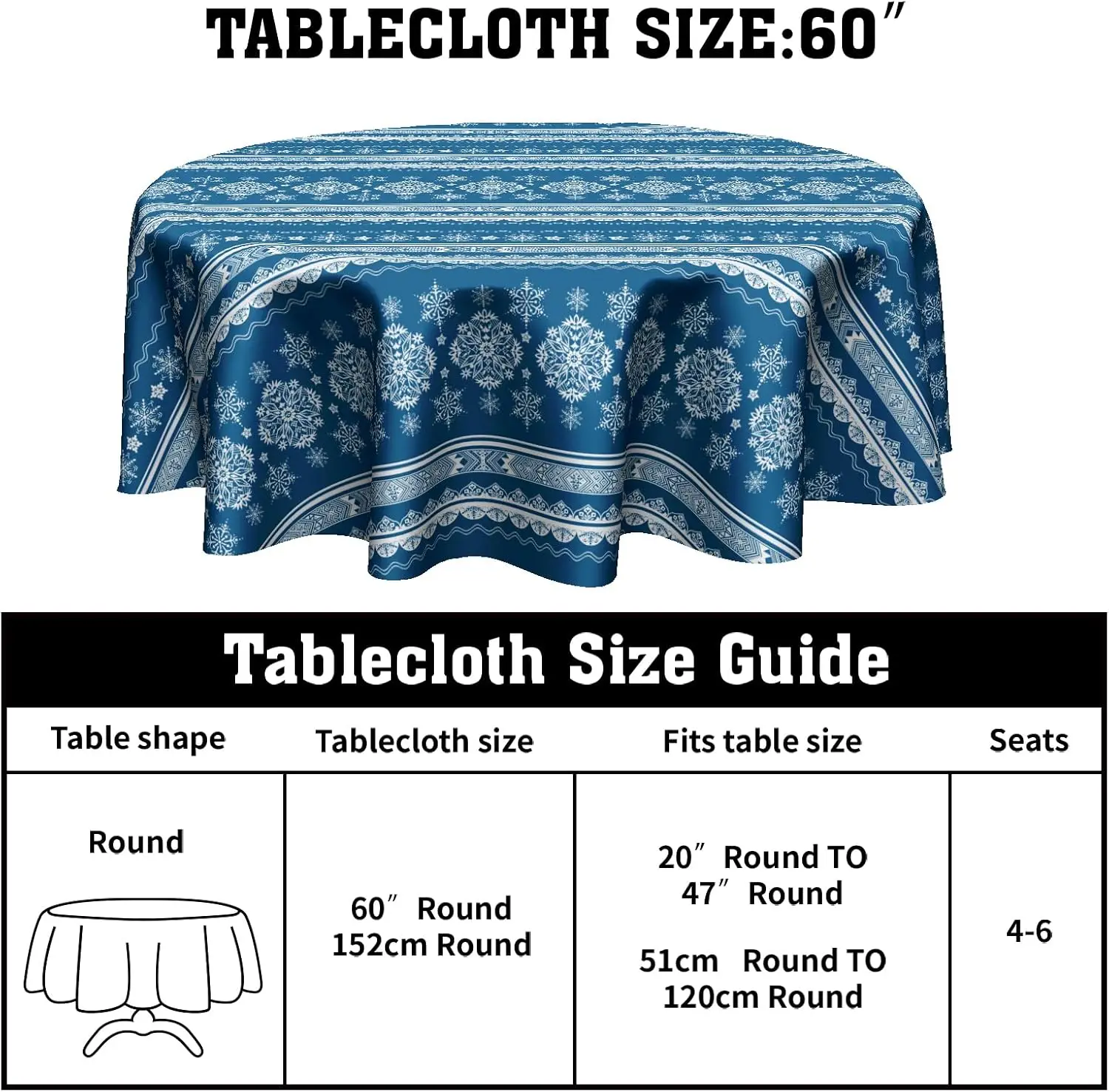 Blue White Boho Tablecloth - Snowflake Round Table Cloths 60 Inch Winter Circle Tablecloths for Kitchen Party Dining Table