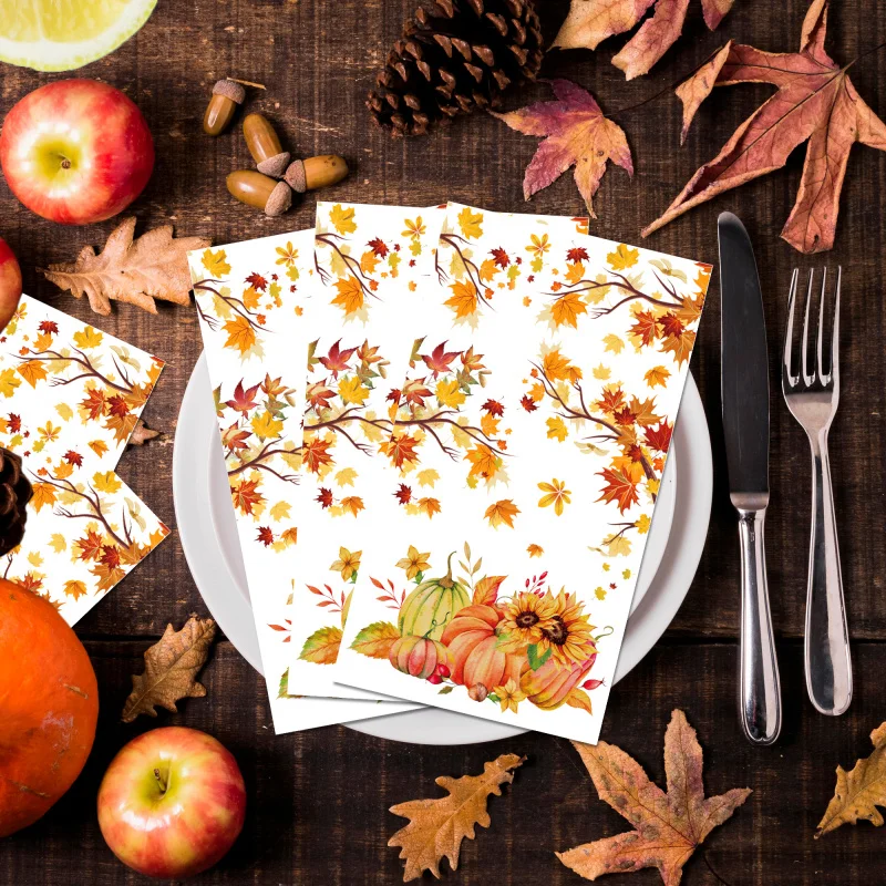 20pcs Thanksgiving Day Maple Leaf Pumpkin Paper Napkins Disposable Long Guest Napkin for Thanksgiving Party Table Decor Supplies