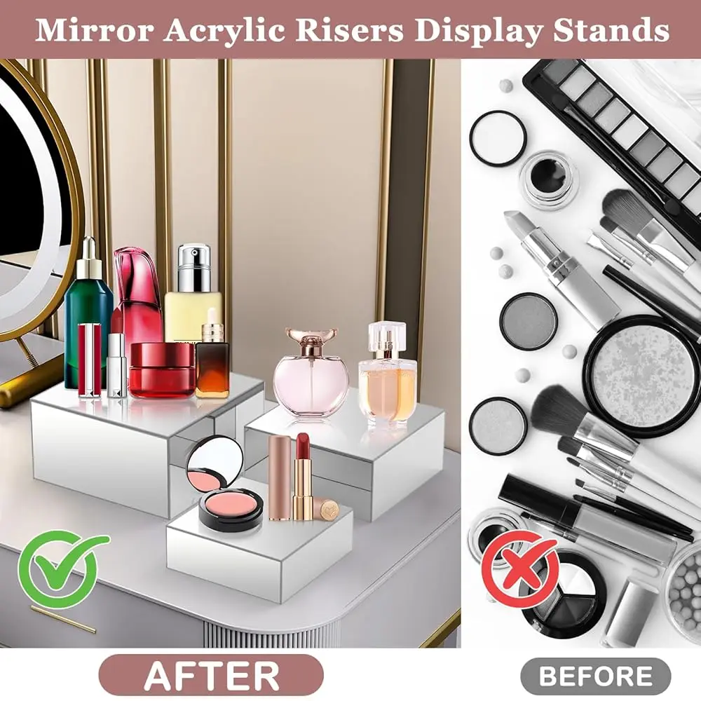 Buffet-Riser, Spiegel-Acryl-Lebensmittel-Riser für Buffet-Tisch, 3 Stück, silberne Lebensmittel-Display-Riser für Party-Buffet-Riser und Ständer