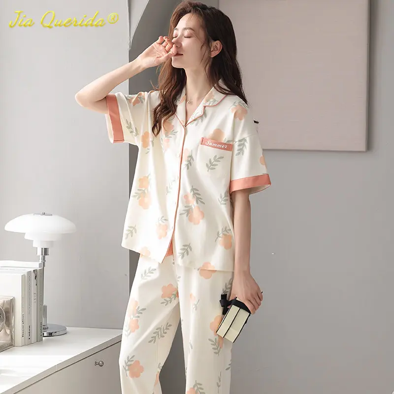 SUKAE Elegant Floral Sleepwear for Woman Summer Turn-down Collar Women\'s Pajamas Set Casual Loungewear Cotton Nightwear for Girl