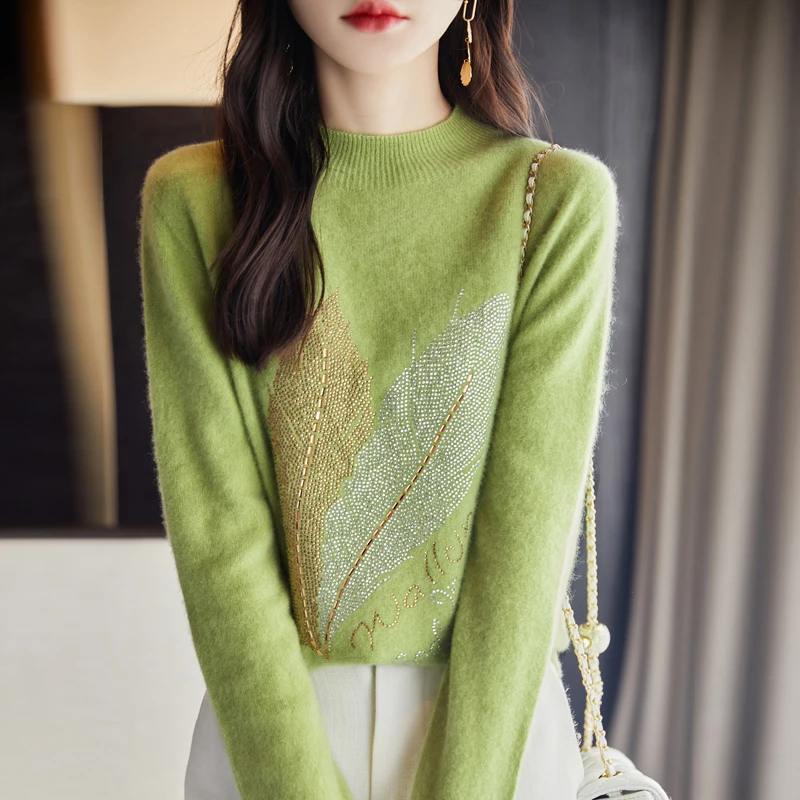 Fall/winter new 100% Merino wool cashmere sweater Women's round neck pullover Leaf ironing drill warm bottom knit shirt top