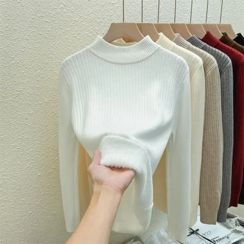 2024 Autumn/Winter White Half High Collar Long Sleeve Sweater Black Thick Soft Knitted Top Women's Warm and Velvet Sweater 31009