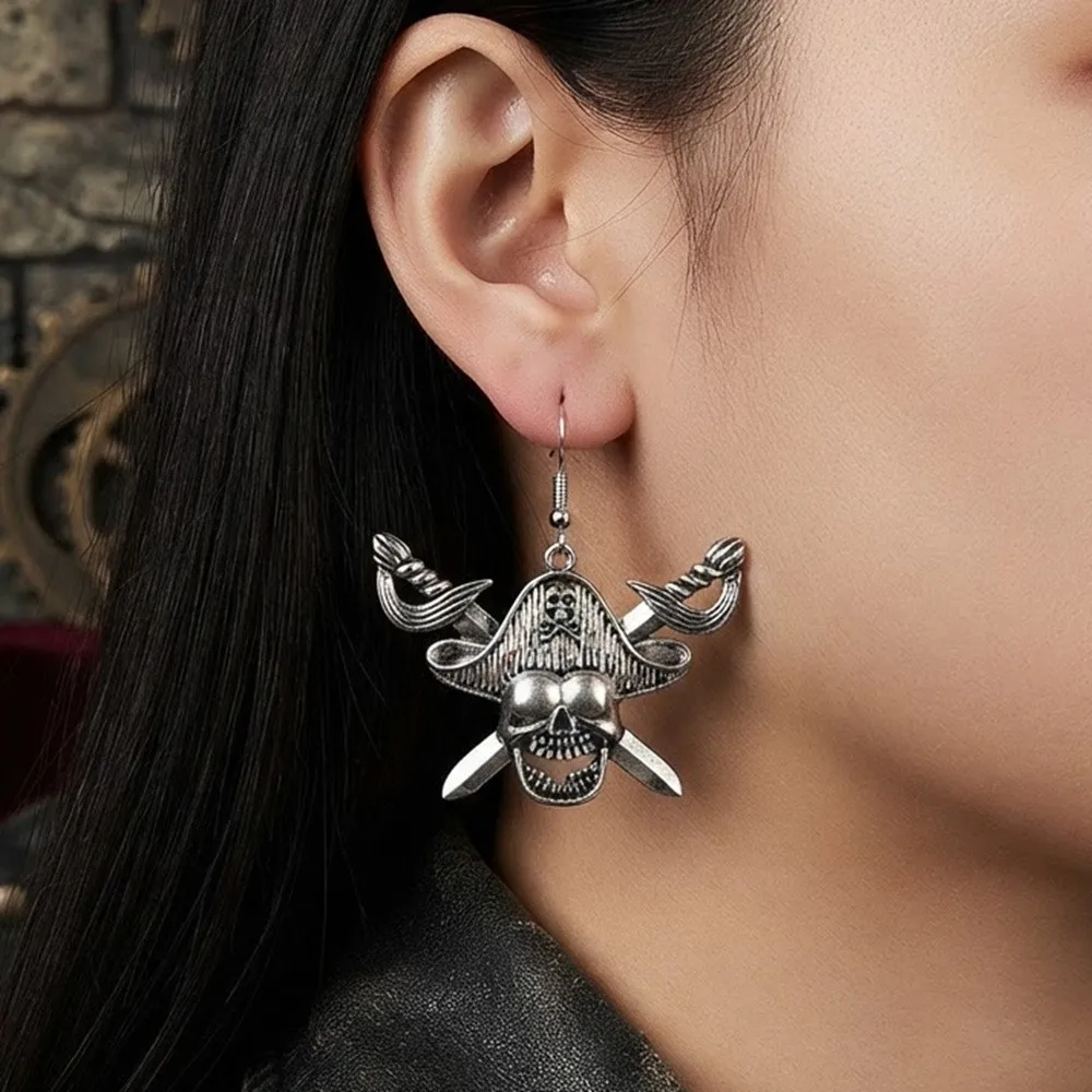 Vintage Punk Pirate Skull Dangle Earrings Gothic Metal Captain Skeleton Drop Earrings Halloween Cosplay Party Jewelry for Women