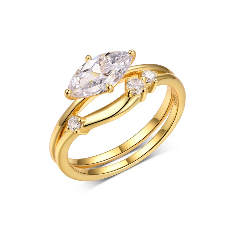 S925 Silver Plated 18K Gold Double-Ring Stackable Wedding Ring Set, with Lab-Grown Diamond-Cut Marquise Moissanite, Customizable