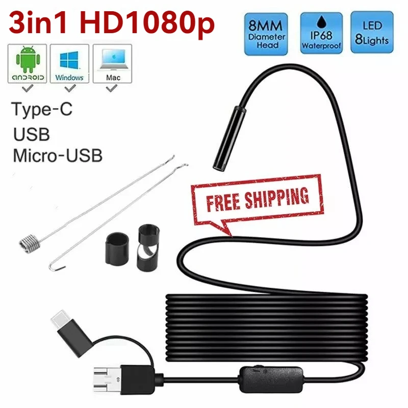 New Wired Mini Endoscope Camera 200w Pixel 8mm Lens for Android Type-C/USB Endoscope Waterproof LED Lighting Inspection Camera