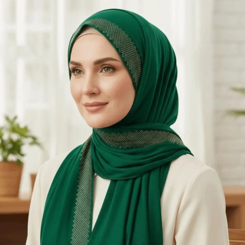 

Breathable Rhinestone Chiffon Hijab Scarf Sunscreen Solid Color Smooth Silk Headscarf Sweat-absorption Polyester