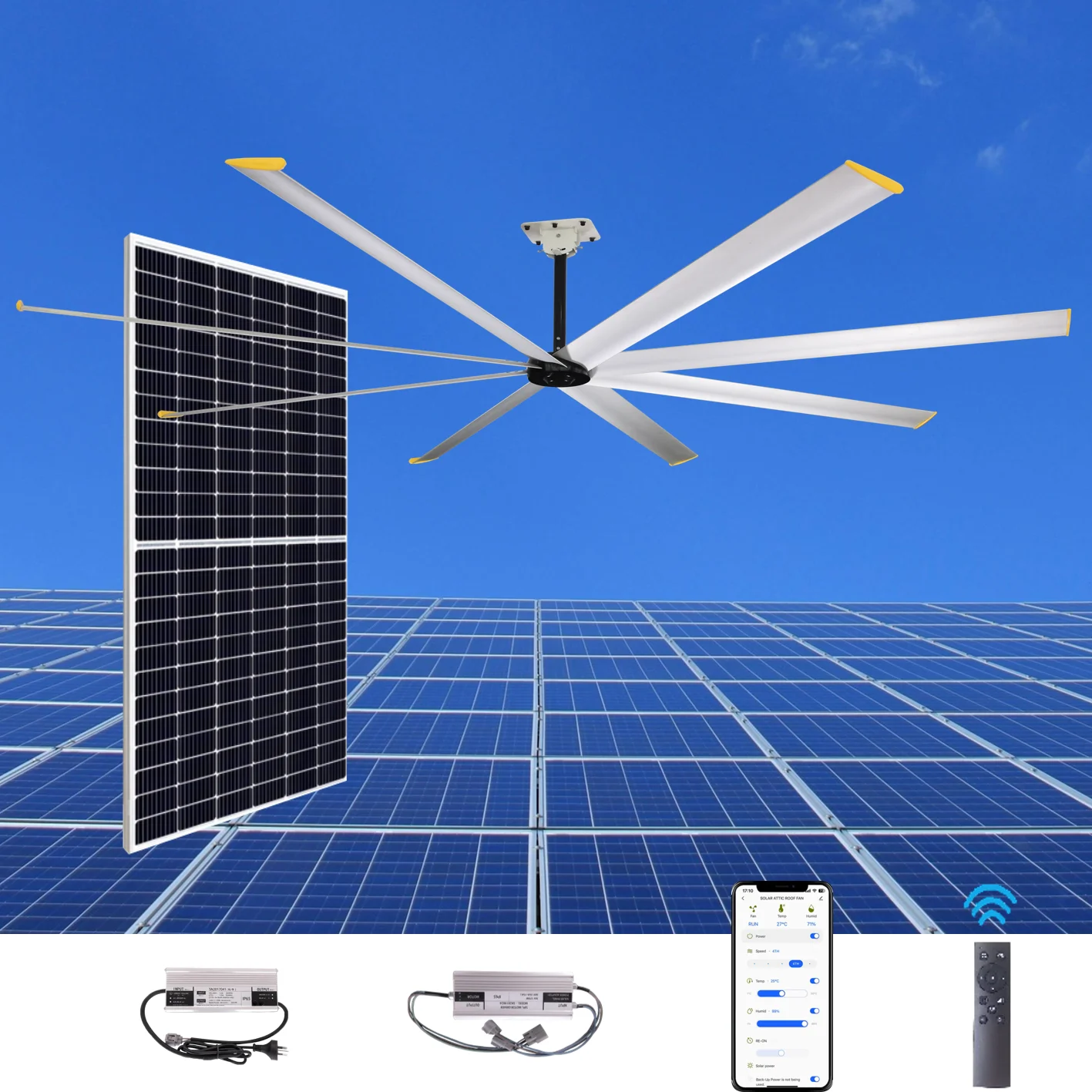 

Solar HVLS Large Industrial Cooling Fan for RV Greenhouse Gymnasium Church Poultry Farm