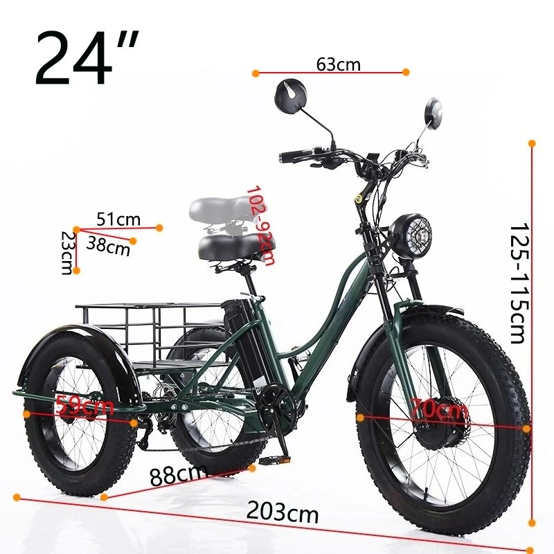 24 Inch Fat Tire Electric Tricycle, Pedal Assist 3 Wheel Bicycle, Eco Friendly Wide Tyre Leisure Recreation Cruiser Trike