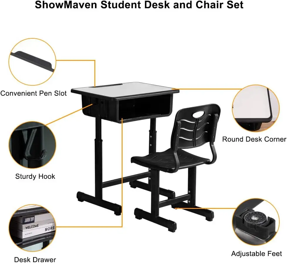 Combinazione scrivania e sedia per studenti, scrivania scolastica e sedia postazione di lavoro regolabili in altezza con cassetto, scanalature a matita e ganci per appendere