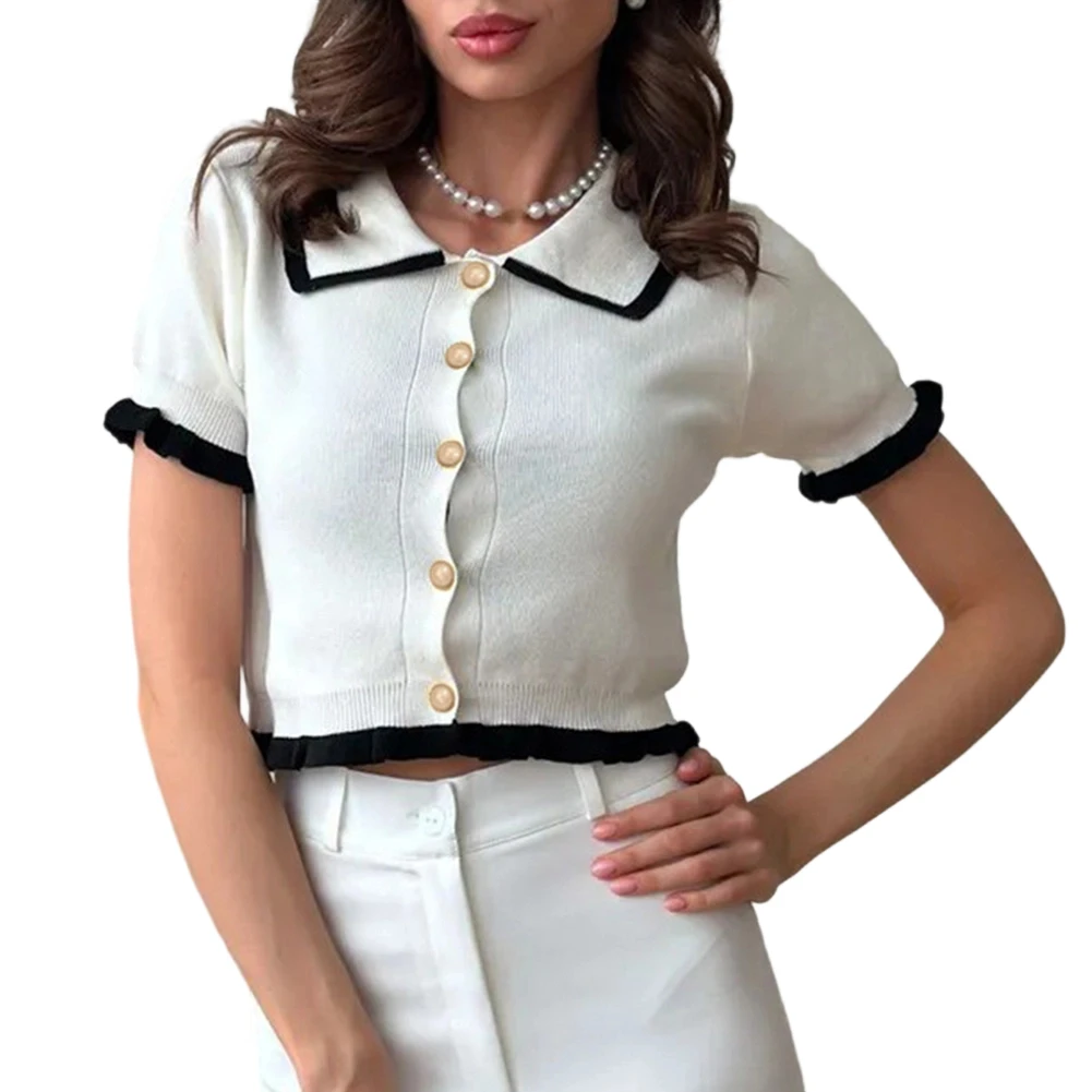 Knitted Button Front Cardigan Top for Women Featuring Short Sleeves Lapel Neckline and Minimalist Patchwork Construction