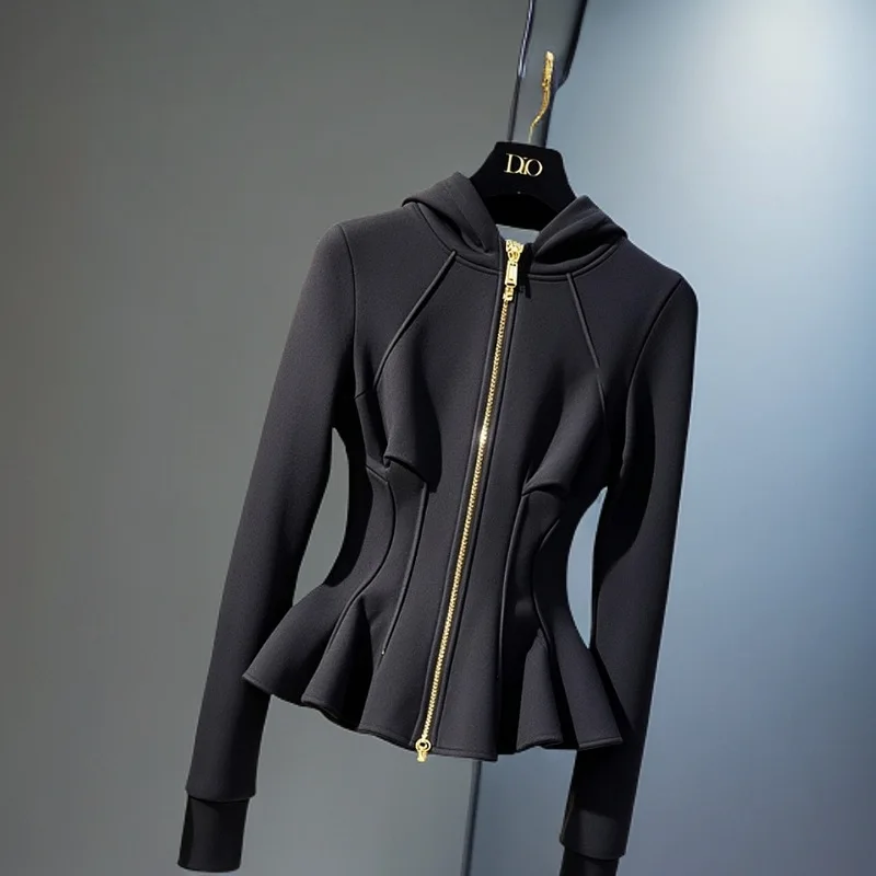 Black hooded sweater 2025 spring senior feeling super good-looking, unique and beautiful waist short jacket