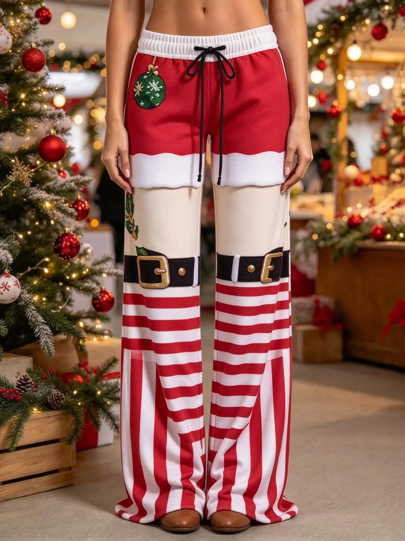 Ladies Low Rise Wide Leg Pants Xmas Candy Cane Holly Graphic Print Faux Fur Trim Look Color Block Casual Party Trousers