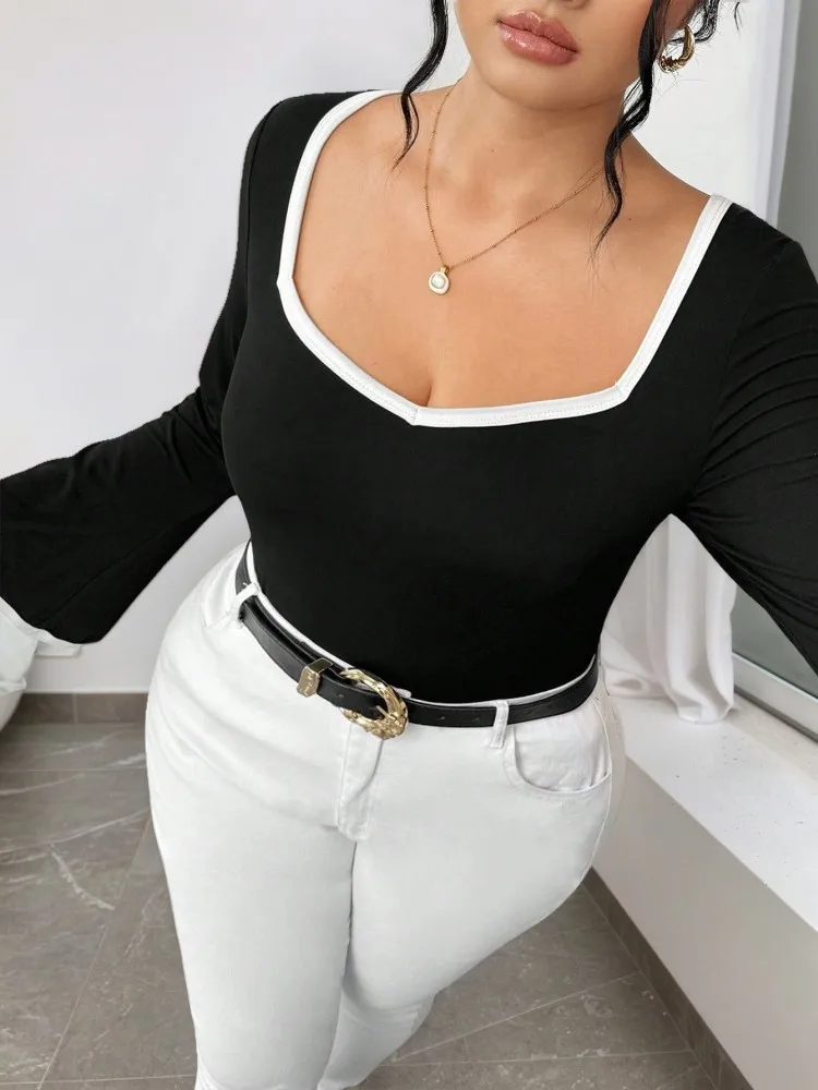Feminino plus size XL-3XL outono inverno casual com decote em v manga longa preto solto camiseta esportes ao ar livre topo roupas femininas de grandes dimensões