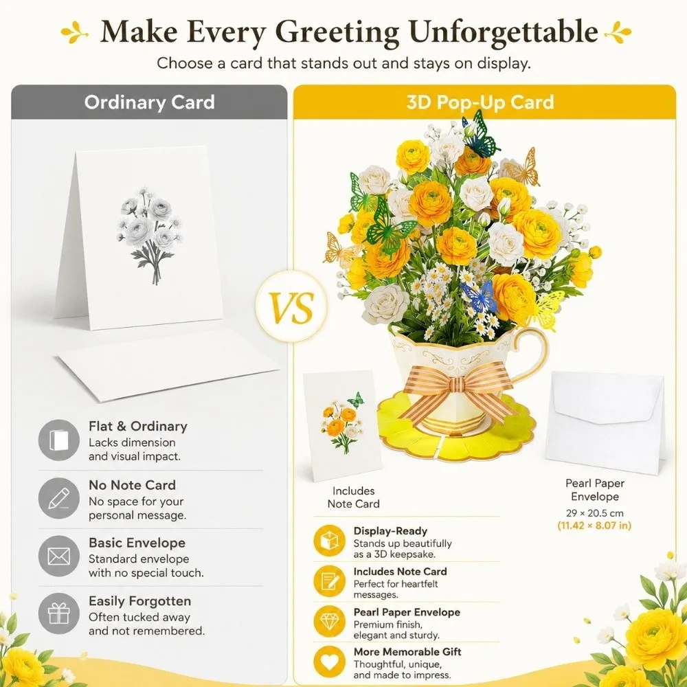 3D Pop Up Teacup Card with Envelope & Message Note Birthday Cards Butterfly Greeting Cards Surprise Best Wishes