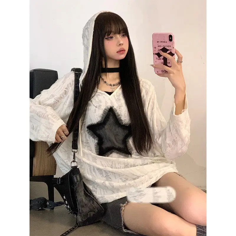 

Футболка Vintage Star White Hoodie Top for Women 2025 Early Autumn New Loose Hole T-shirts Y2k Long Sleeve Bottoming Tee Shirt