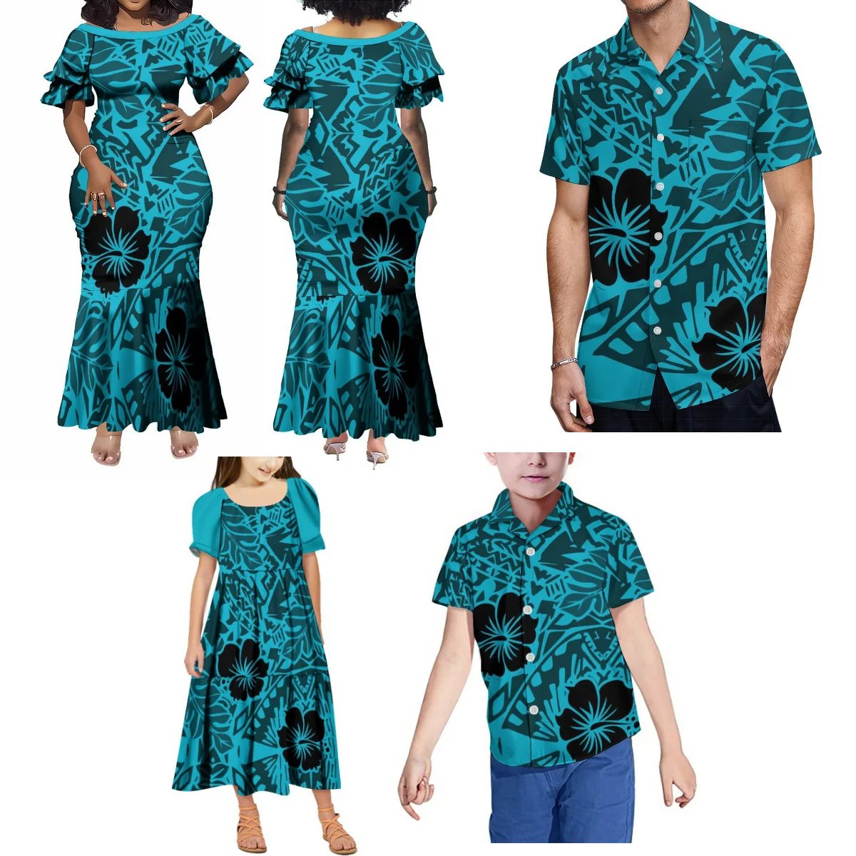 

Summer Luxury Design Women'S Dresses Girls' Puffy Sleeve Dresses And Men'S Boys' Shirts Custom Polynesian Dresses Family Sets