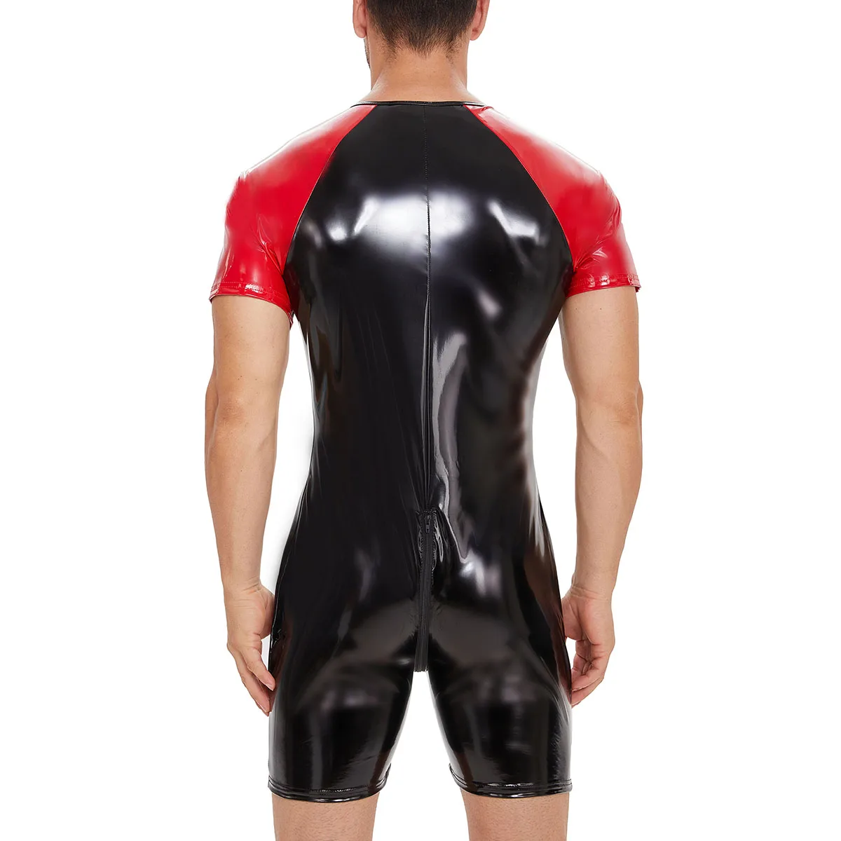 Double Zipper Open Crotch Shiny Leather Bodysuit Glossy PVC Leather Leotard Short Sleeve Shaping Latex Bodycon Crotchless Sexi