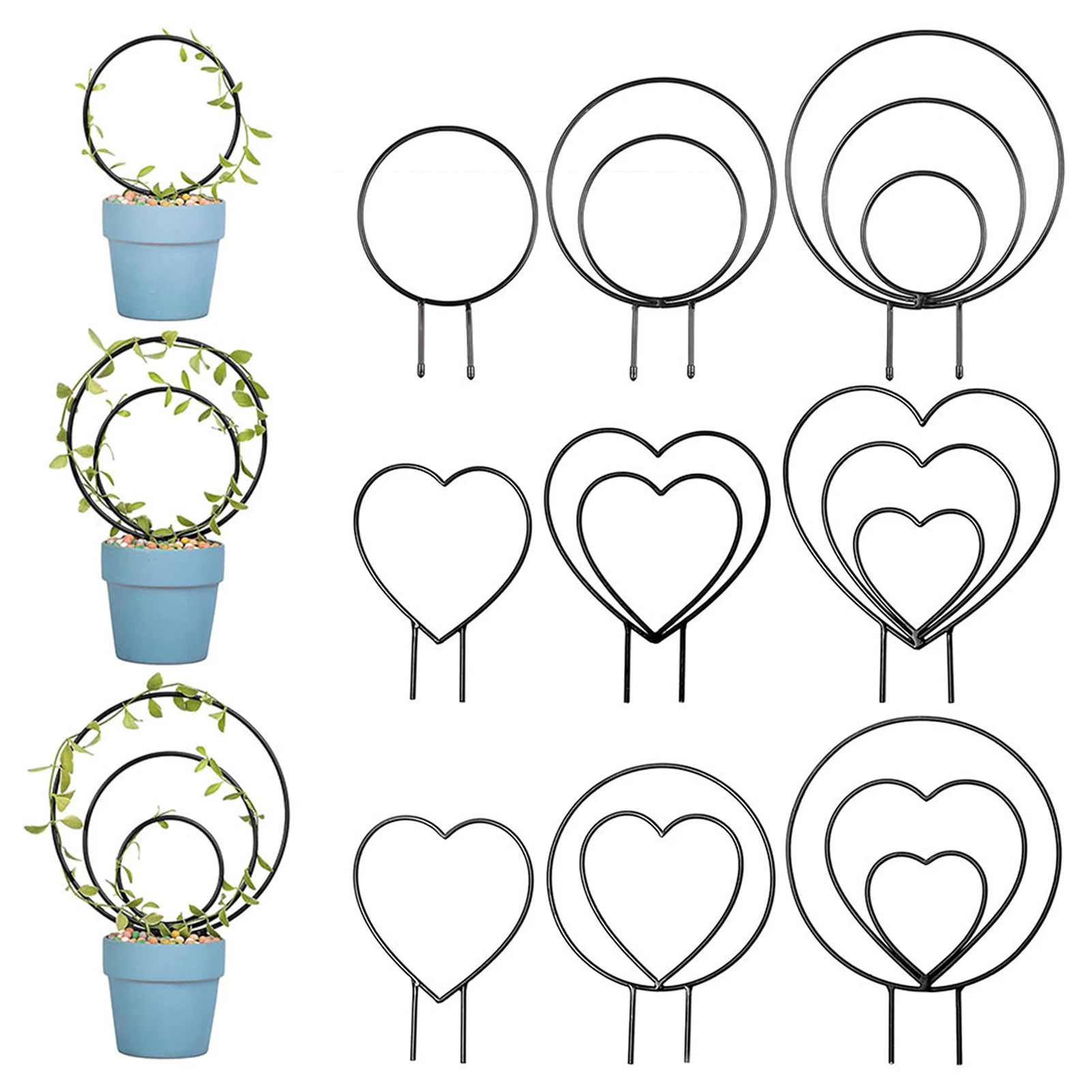 Garden Plant Support Stake Stand Round/Heart Shaped Iron Vine Climbing Rack Flower Plant Trellis Support Frame Garden Tools