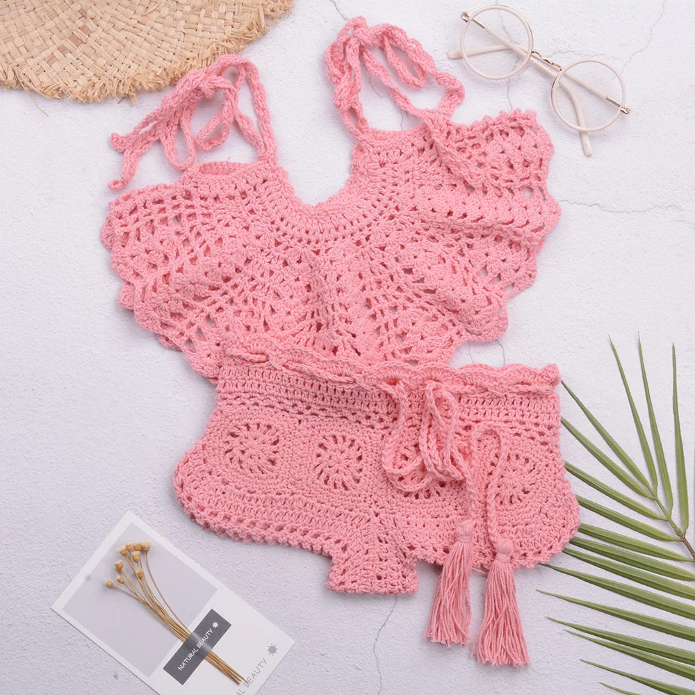 Handmade adjustable straps wrapped sports bra bikini set for children, suitable for beachwear.