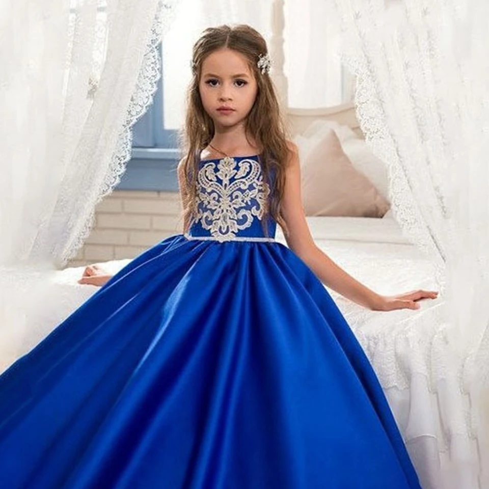 Satin Long Flower Girl Dresses Square Neck Child Kids A Line Princess Ball Gown Appliques Bow Pageant Wedding Formal Dress