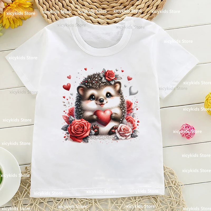 Valentine'S Day Tshirt,Love Flowers Cute Hedgehog Animal Print Girl T-Shirt Funny Cartoon Kid Tshirt Fashion Kawaii Girl Clothes