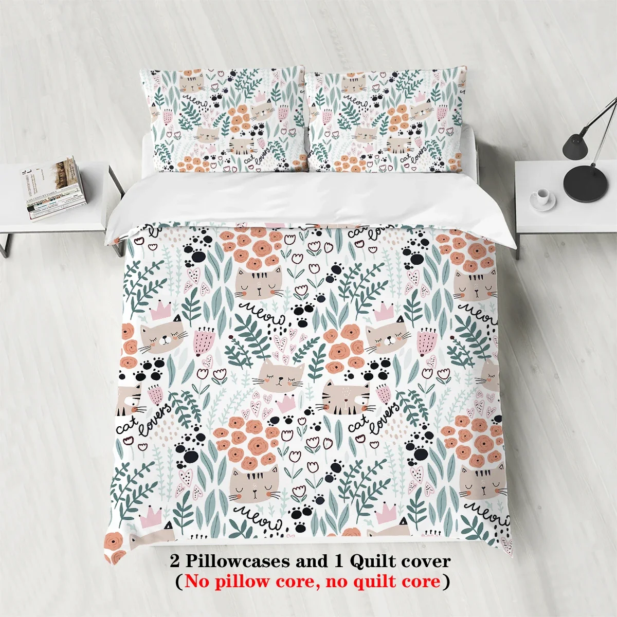 3pcs cartoon cute cat and plants pattern printed bedding set, 1*duvet cover+2*pillowcase, suitable for girls bedroom, queen bed