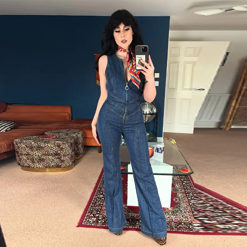 

Women's New Slim Fit Denim Jumpsuit Sexy Backless Personality Cowboy Clothing Date Commuter Female Casual Clothes